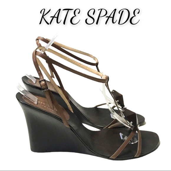 Kate Spade Brown Leather Open Toe Buckle Wedge Heel Sandals Size 8 - Picture 1 of 16